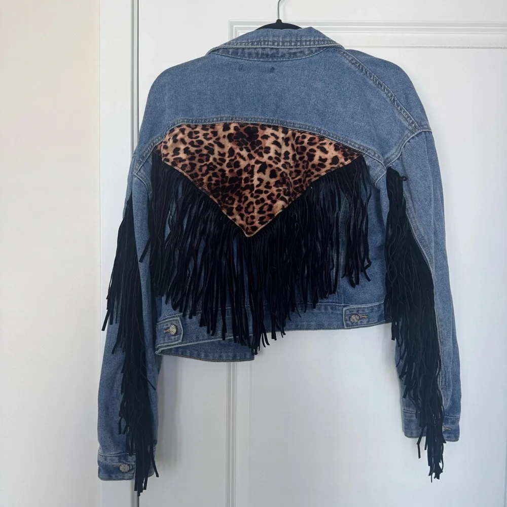 Shein Denim Fringe Jacket with Leopard Print - Picture 3 of 5